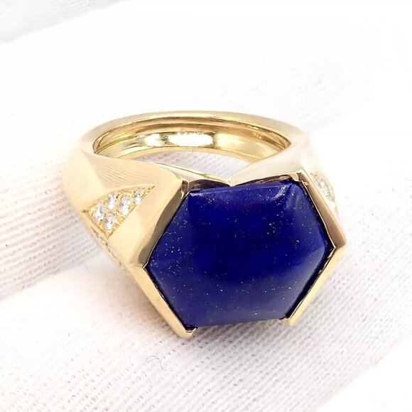Authentic! Julius Cohen 18k Yellow Gold Diamond Lapis Ring - Picture 9 of 13